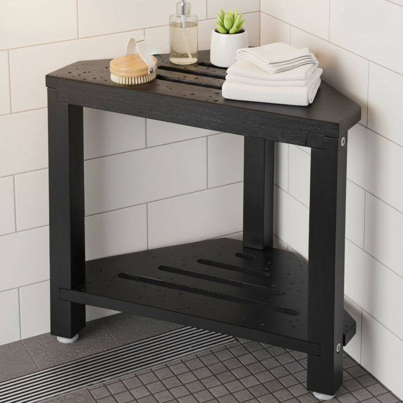 Tabouret de douche multifonctionnel en bois d'acacia, style de coin avec support de rangement, repose-pieds, siège de baignoire, adapté aux petits espaces, noir.