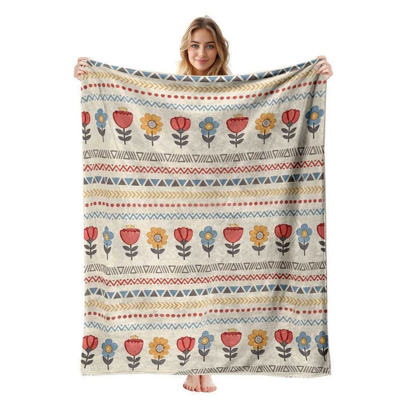 Jeté en flanelle JYK, L 50 po x l 60 po, Chevron rouge à tulipes