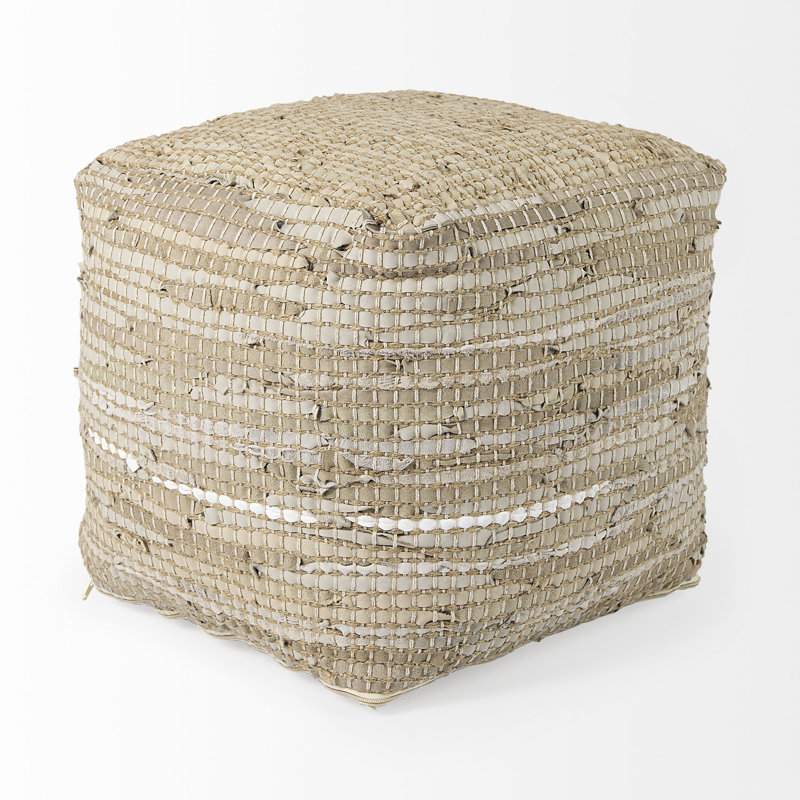 0H Leather And Jute Pouf, Beige
