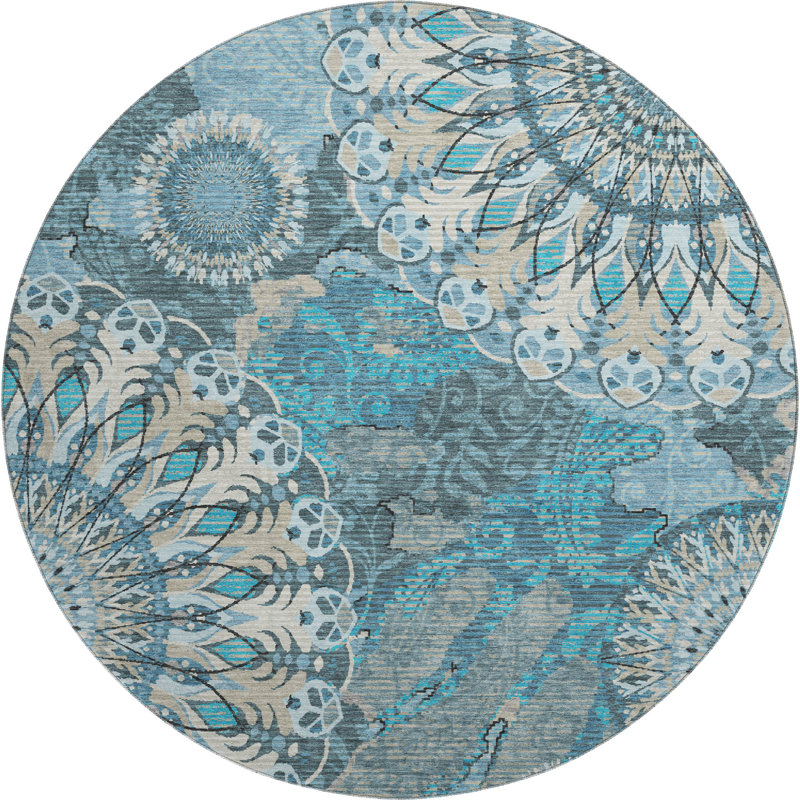 Tapis cachemire de qualité supérieure Mayfield AMF2335, Bleu sarcelle, Rond 8 pi