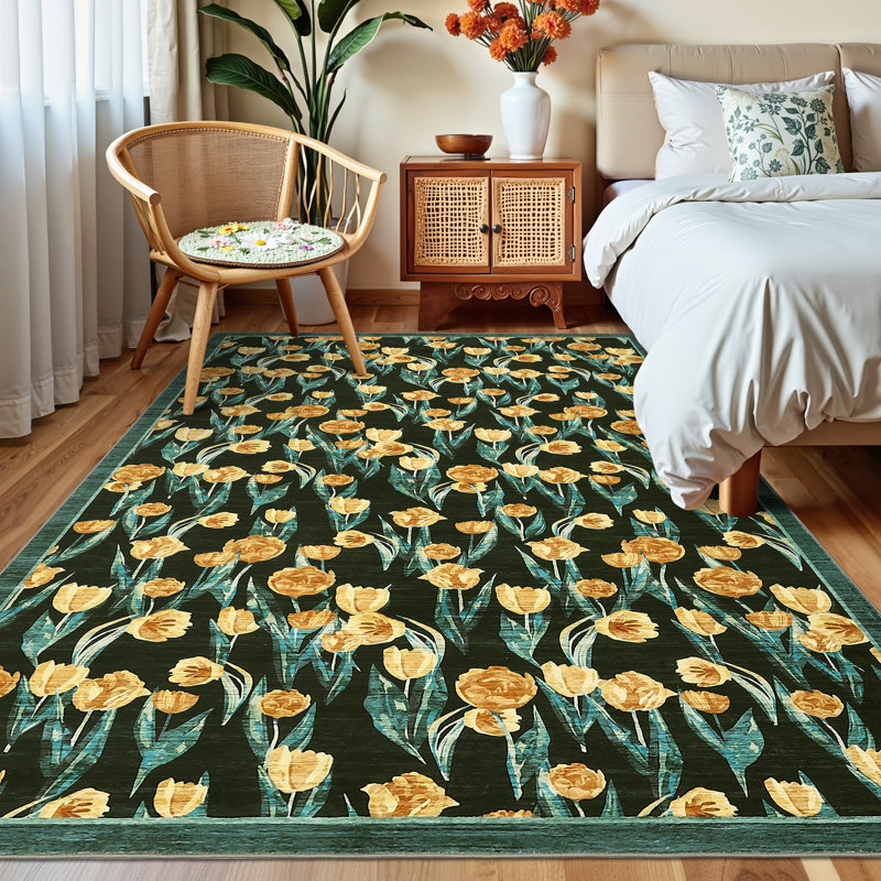 Large Area Rug 9x12 Washable Tulip Dining Room Rug, Non-Shedding -Thin Floor Carpet, Foldable Contemporary Indoor Mat, Easy Cleaning Rug