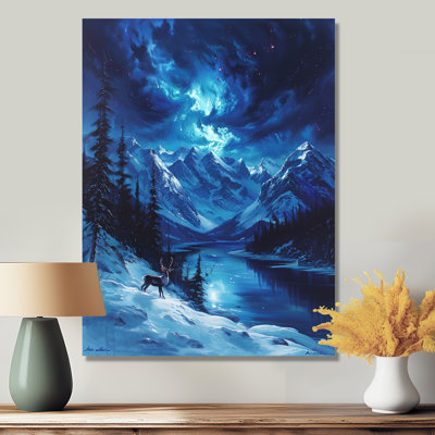 Aurore boréale, cerf sur une montagne enneigée - art mural animal cerf