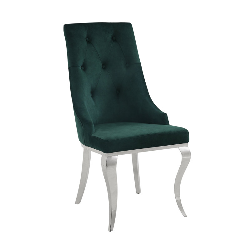 Ensemble de 2 chaises de salle à manger rembourrées vert foncé Dekel avec dossier capitonné et pieds en acier inoxydable