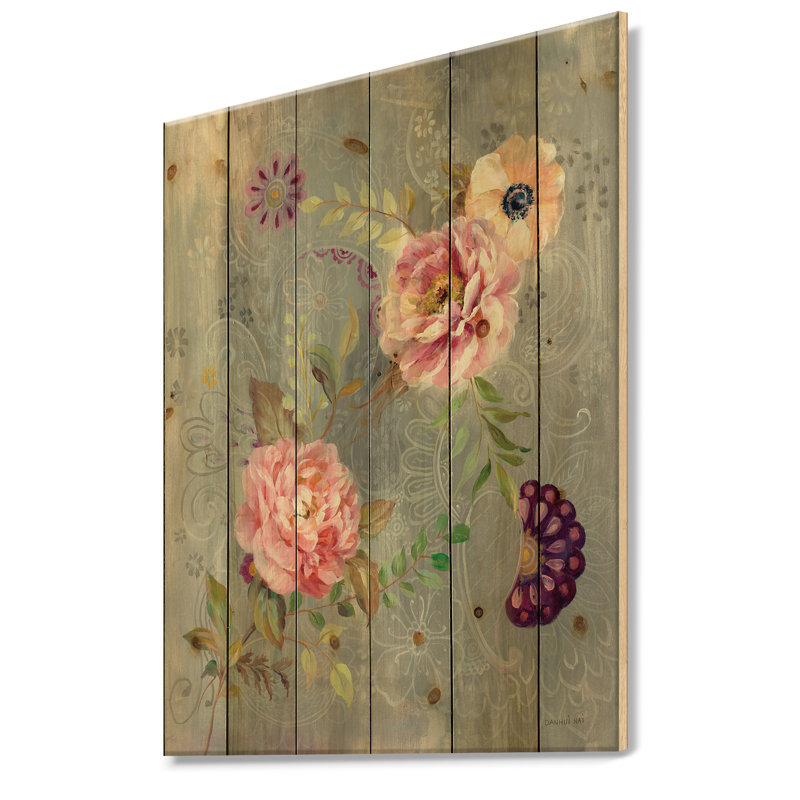 Pivoines et cachemire - reproduction de chalet sur bois de pin naturel, H 32 po x l 24 po x P 1 po