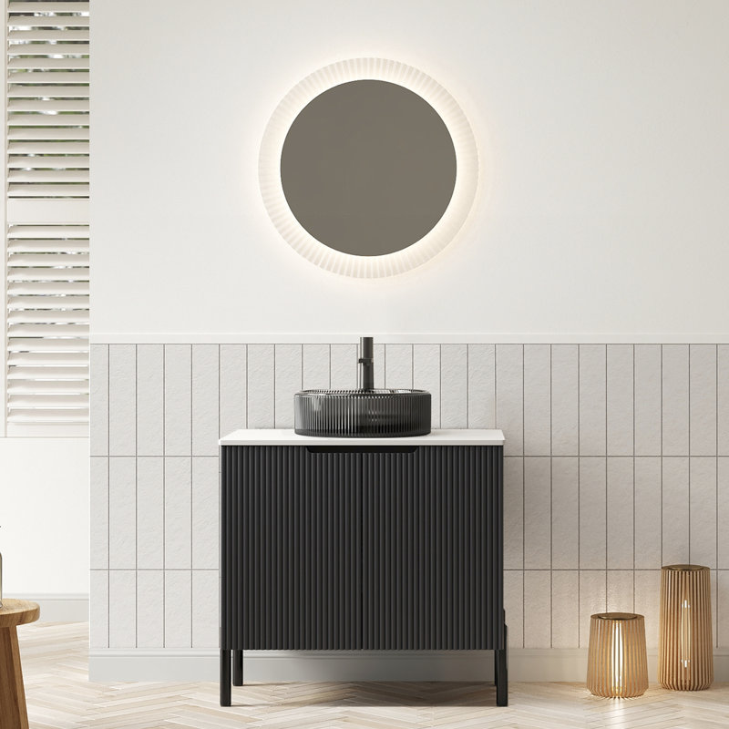 24 Transparent Black Round Glass Basin 24" Freestanding Bathroom Vanity, 2 Doors, White Sintered Stone Countertop, Soft Close For Organization