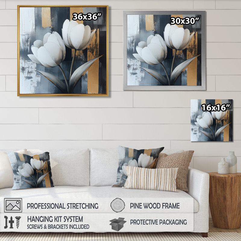 Motif géométrique de tulipes dorées, forme pure I - tulipes, art mural, Impression encadrée flottante, H 16 po x l 16 po
