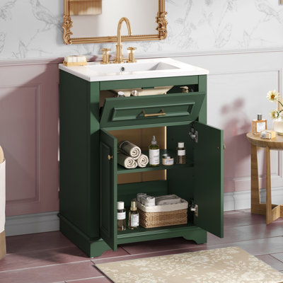 Meuble-lavabo 24 po élégant et peu encombrant - lavabo en céramique intégré avec 2 portes, 1 tiroir rabattable, structure en bois massif, charnières à fermeture en douceur