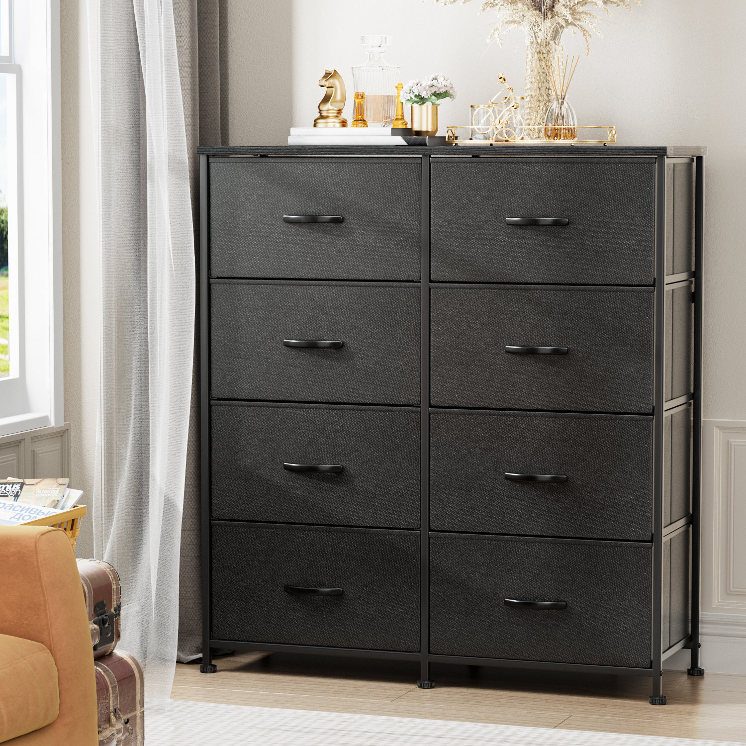 mDesign 4-Drawer Tall Fabric Dresser with Wood Handles