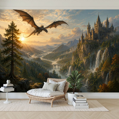 Wall Mural Peel and Stick Wallpaper Fantasy Castle Mountain Waterfalls Dragon Self-Adhesive Removable Contact Paper Wall Decor for Living Room Bedroom 100"H x 144"W