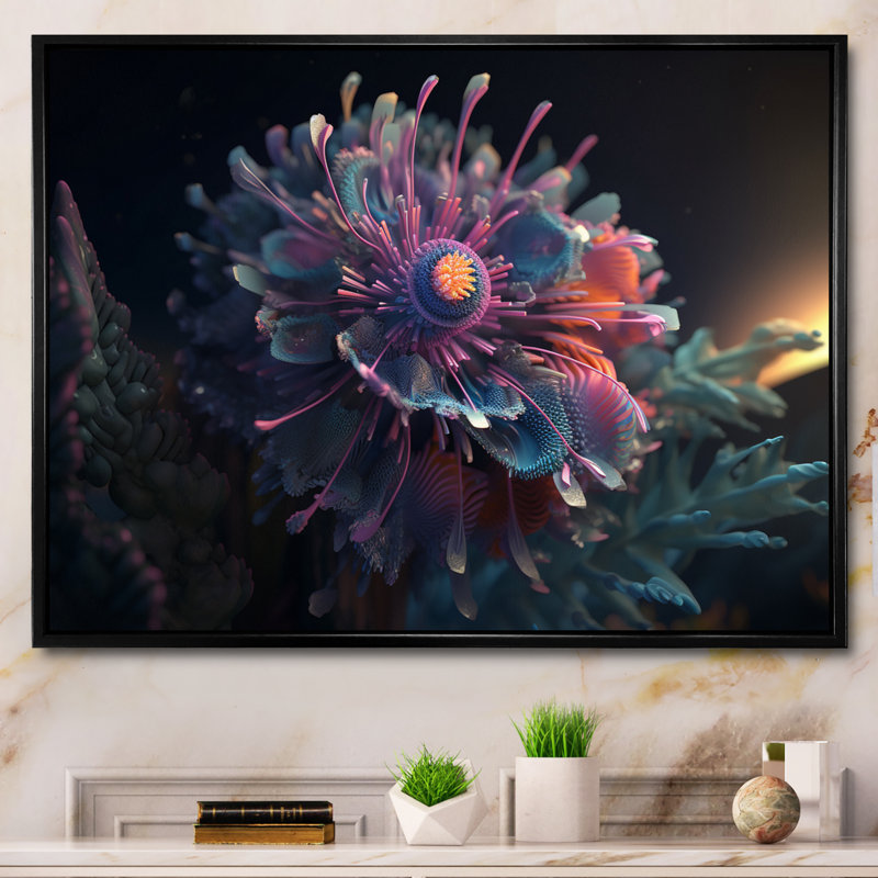 Futuriste fleur mauve Dahlia I - reproduction sur toile, 16" H x 32" W, Cadre flottant noir