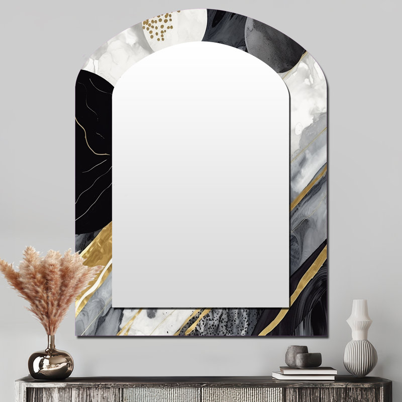 Black Gold Fusion Of Marble I - Marble Asymmetrical Mirror, Black Arch Decorative Wall Mirror, Printed Metal Art, 43" x 33"