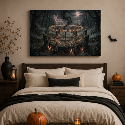 Autel en pierre avec cartes de tarot flottantes et toile murale d'Halloween