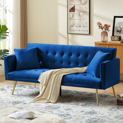 Blue Velvet Convertible Futon Sofa Bed With Tufted Design & Gold Legs