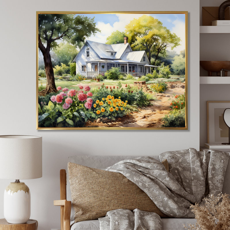 Farmhouse Frontyard Oasis I - Décoration murale de ferme, Cadre flottant doré, H 24 po x l 32 po x P 1 po