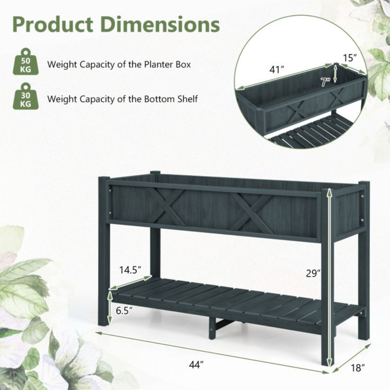 Poly Wood Elevated Planter Box With Legs Storage Shelf Drainage Holes, Black, 29" H x 44" W x 18" D