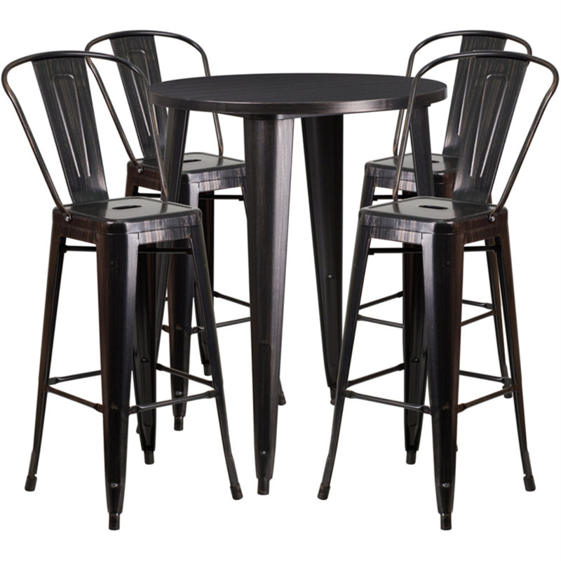 Williamston Round Metal Indoor-Outdoor Bar Table Set with 4 Cafe Stools, 41" H x 30" W x 30" L, Black