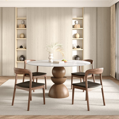 5 Pcs Modern Round Sintered Stone Tabletop Dining Table Sets With Comfort Leather Kitchen Chairs For 4, Minimal Assembly