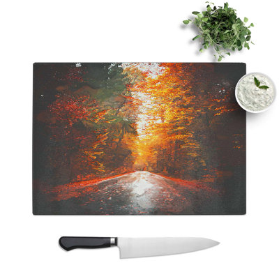 Tempered Glass Autumn Road in Austria Chopping Board