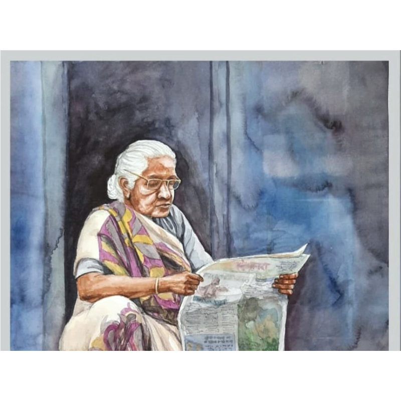 Vieille dame lisant un journal | Peinture de Noharika Deogade