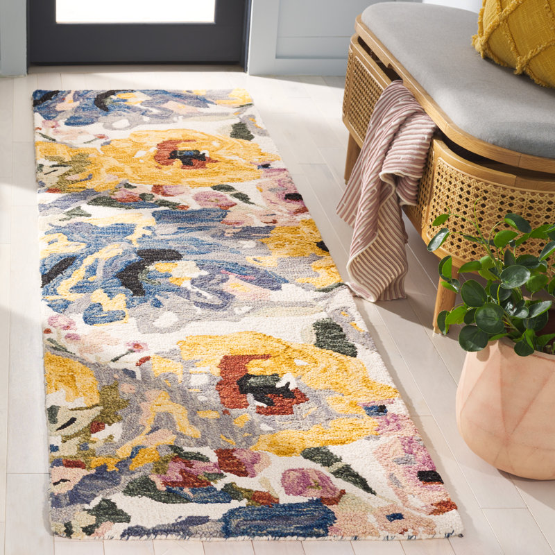 Ivory and Pink Floral Hand-Tufted Wool Runner Rug