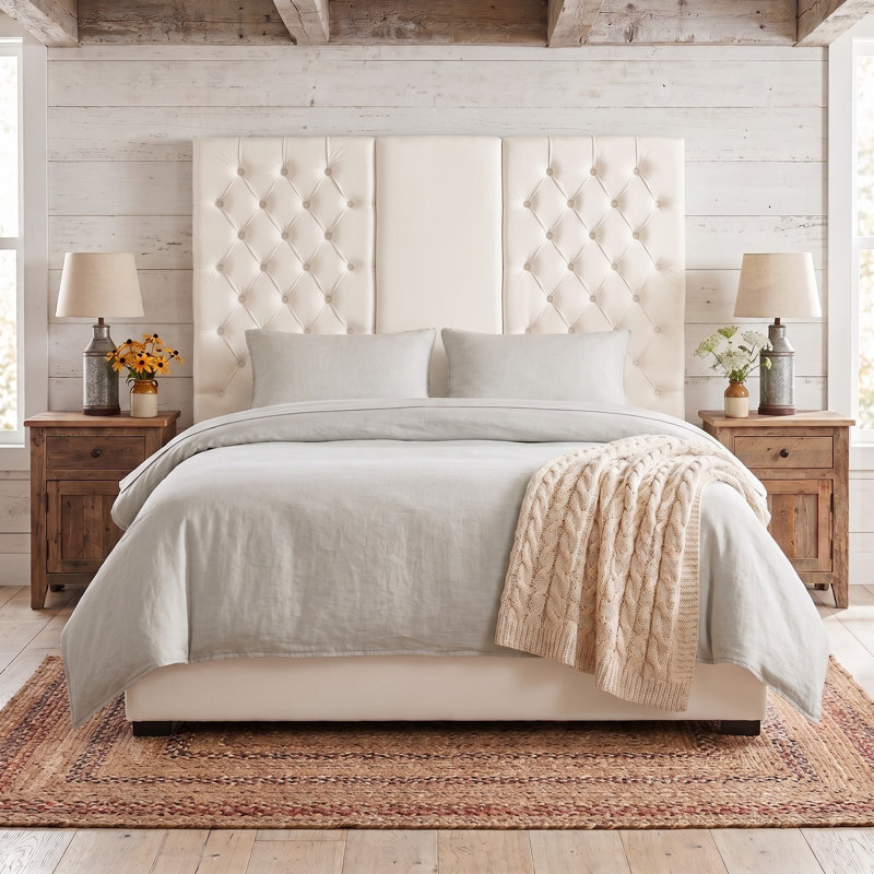 Lit plateforme extra-haut capitonné en velours, style glamour contemporain, avec tiroirs de rangement, Queen, crème, Grand