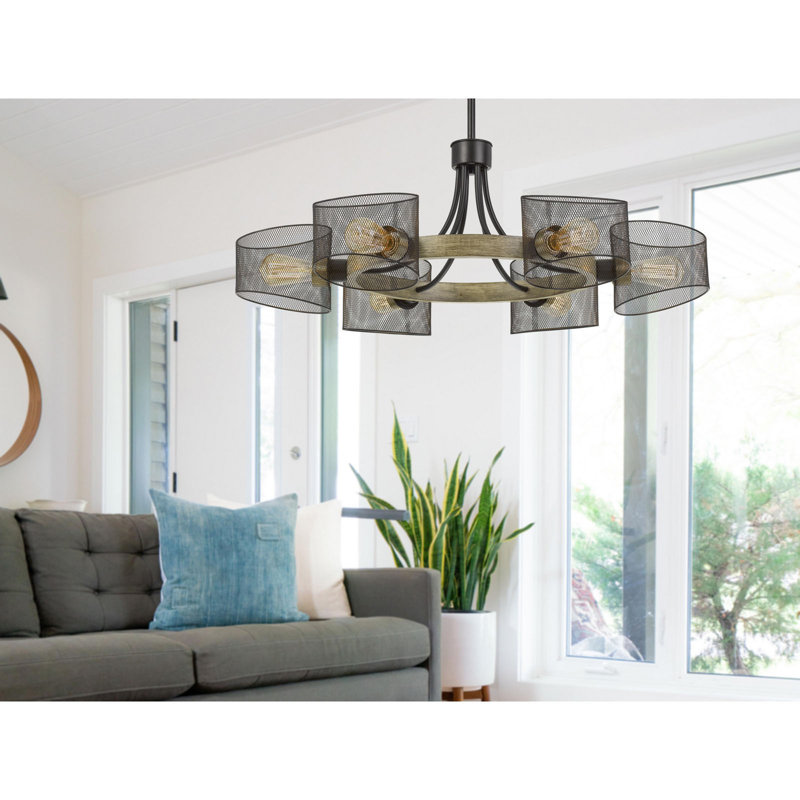 Lustre en métal et bois 6 lumières avec abat-jour en maille Dronten