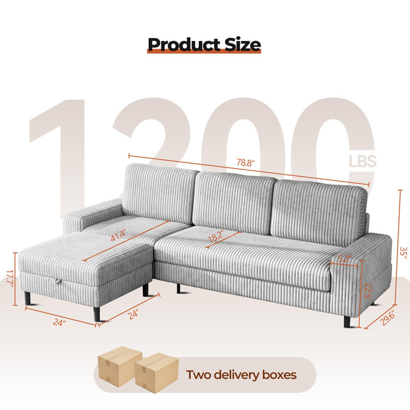 3 Seater Corduroy Sofa & Chaise,L Shaped Sofa with Movable Storage Ottoman, 3-Seater Modular Sectional Sofa, Corduroy Couch, Wooden Frame, Deep Seat, Ideal for Living Room, Black