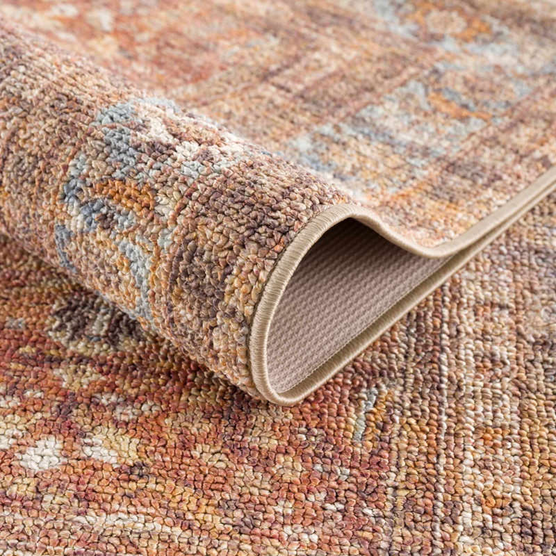Anarhu Boho Damask Machine Washable Peach Area Rug, Rectangle 6'7" x 9'