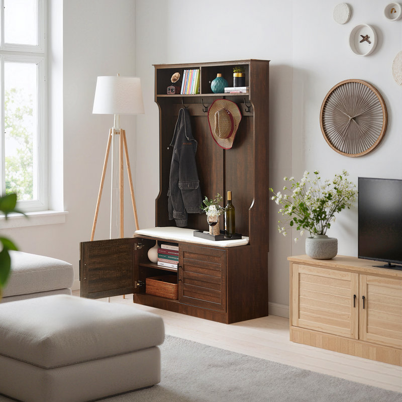 Portemanteau moderne en bois 41,5 "avec banc et range-chaussures avec crochets pour le salon, Espresso