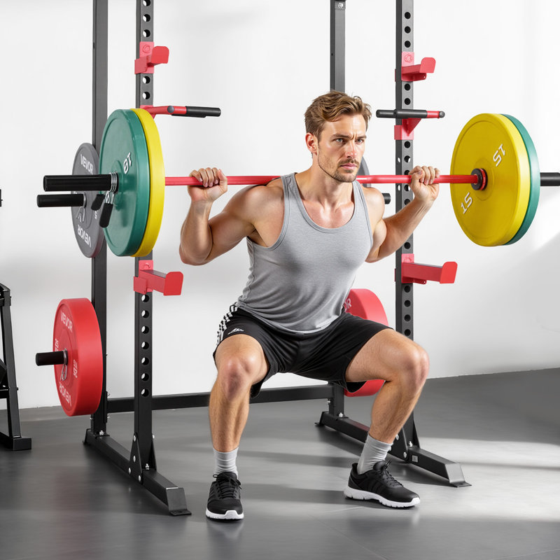 Support électrique Power Cage, support multifonctionnel à haltères Barbell avec hauteur ajustable, équipement d'entraînement à la maison pour l'entraînement en force avec crochets en J et autres accessoires de remise en forme