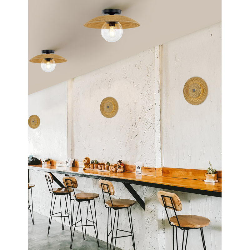 Matte Black Rattan and Seeded Glass Semi-Flush Mount Light