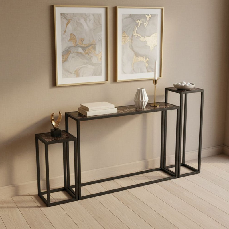 3-Piece Narrow Console Table Set with Marble Look Top, Slim Hallway Table