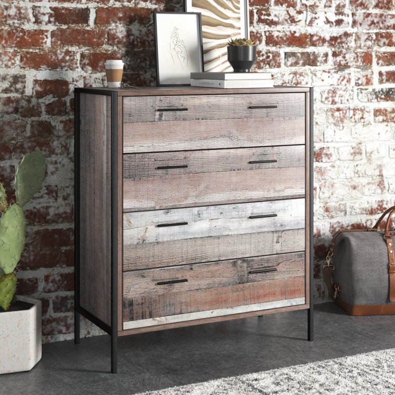 Rustic Reclaimed Barnwood Laminate 4-Drawer Chest with Black Steel Base