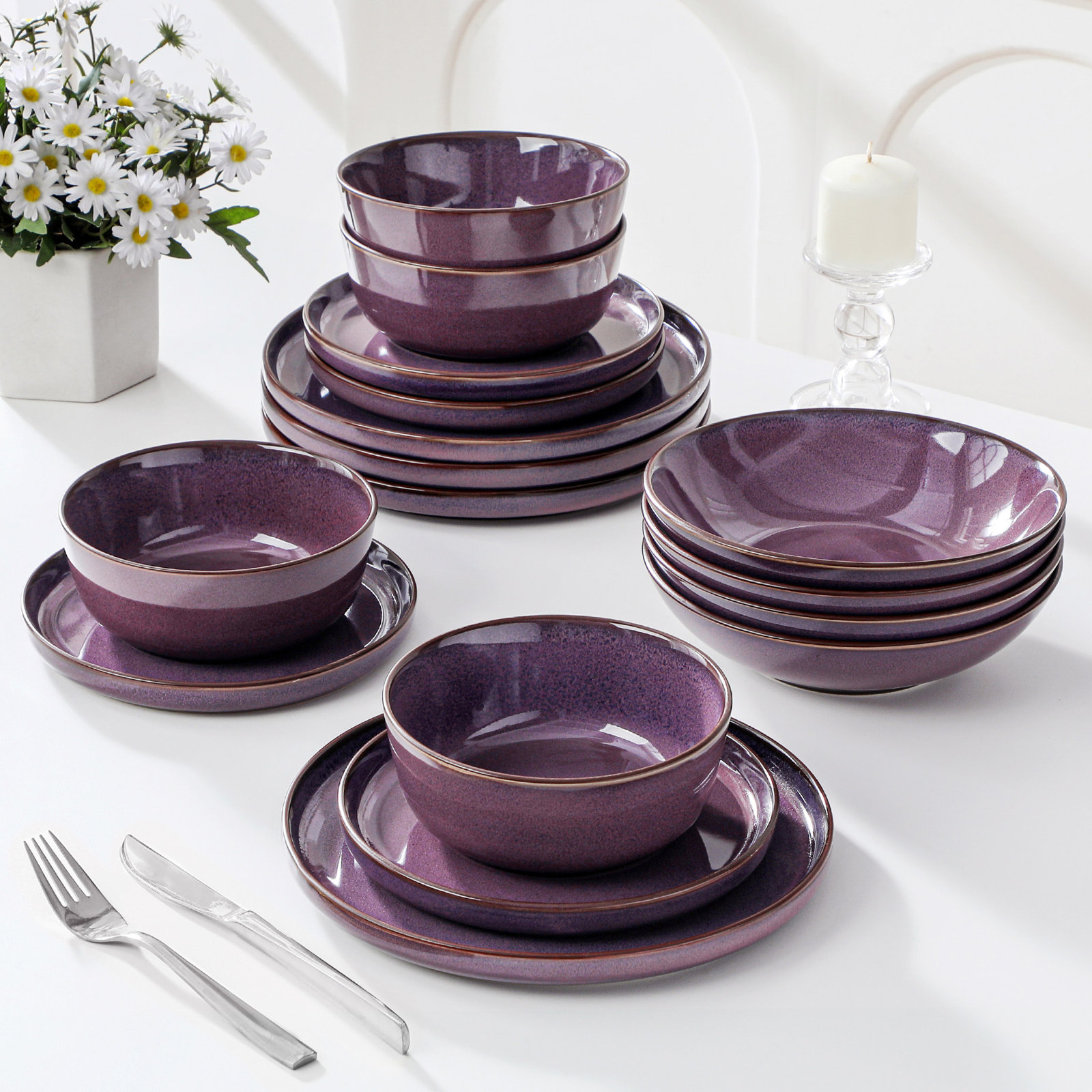  16 Piece Green Ceramic Dinnerware Set for 4,Kiln-Fired Plates,Dessert Plates,Pasta Bowls&Bowls, Purple