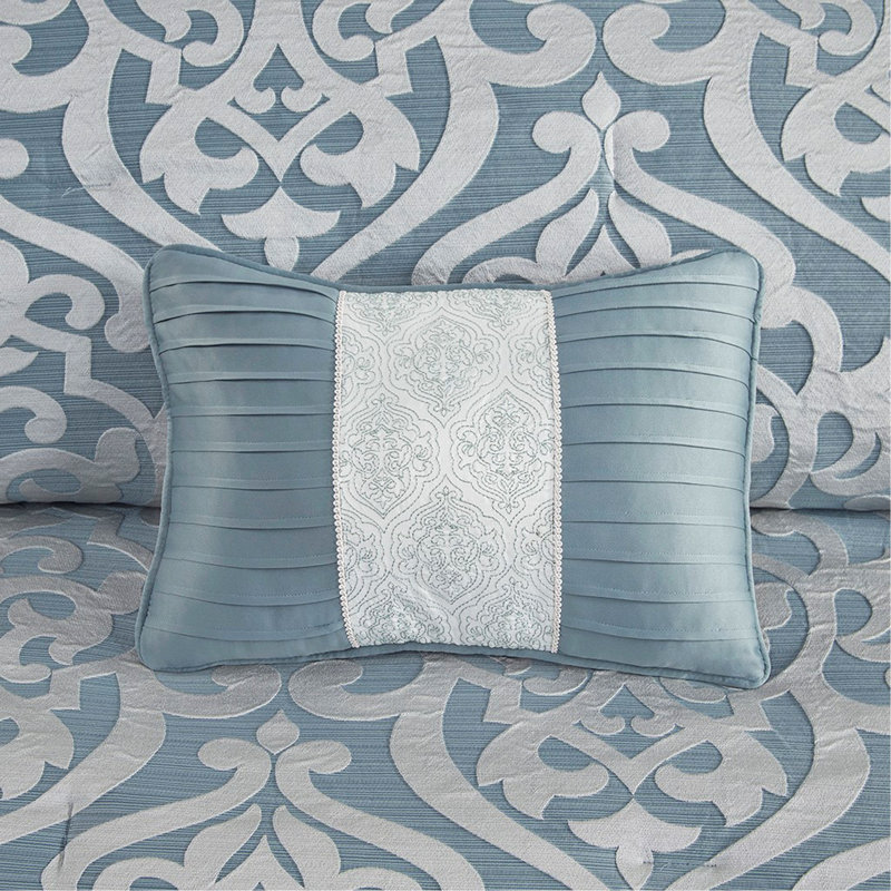 Ensemble d'édredon 8 pièces jacquard, Argent / turquoise, Grand édredon et 7 pièces supplémentaires