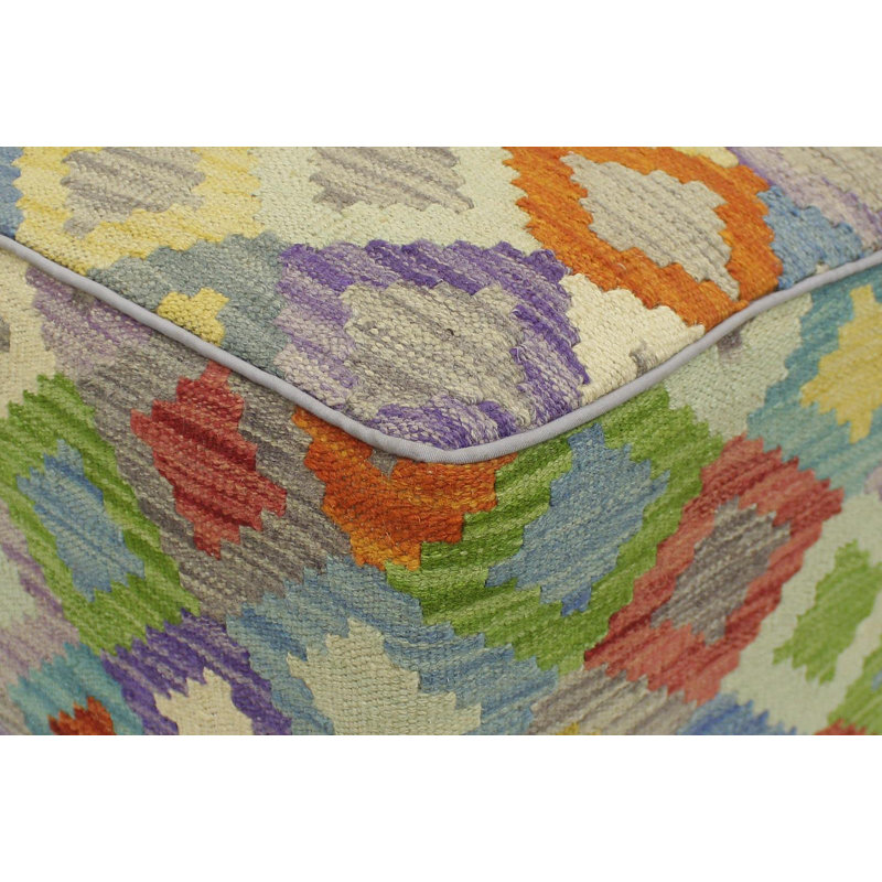 Aprea Upholstered Ottoman, Blue/Red/Rust/Beige/Dark Purple Wool