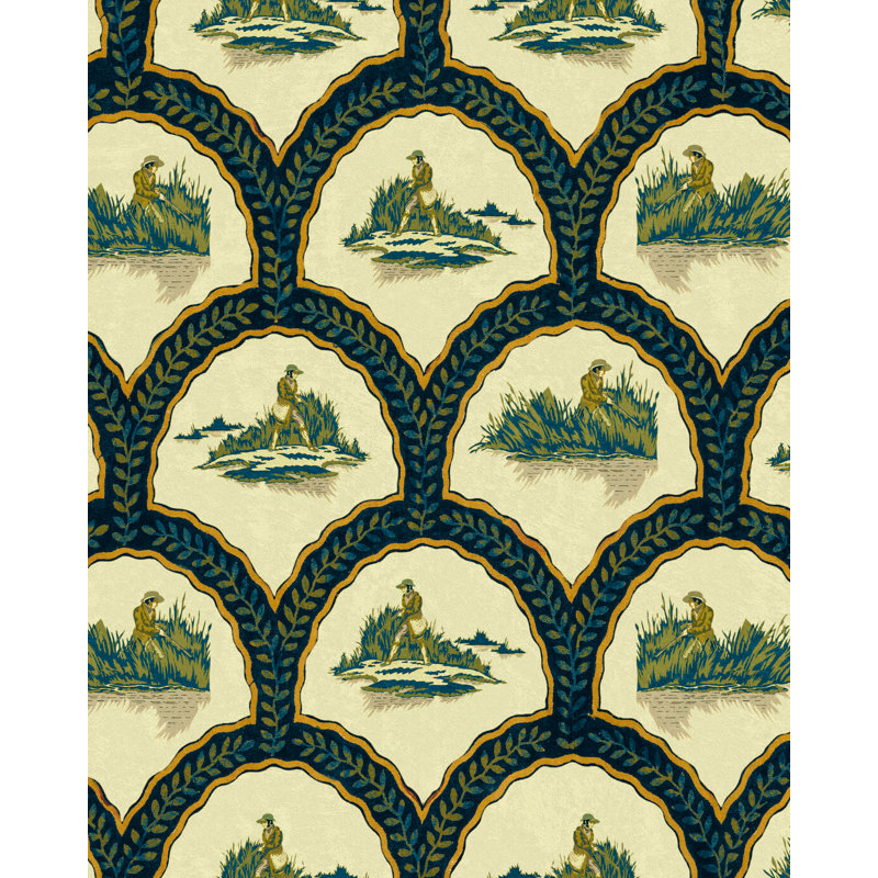 Wallpaper Roll, Green/Ivory/Navy