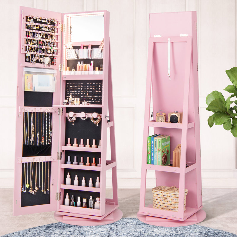 Armoire à bijoux pivotante à 360 ° 3 modes DEL verrouillables , Rose