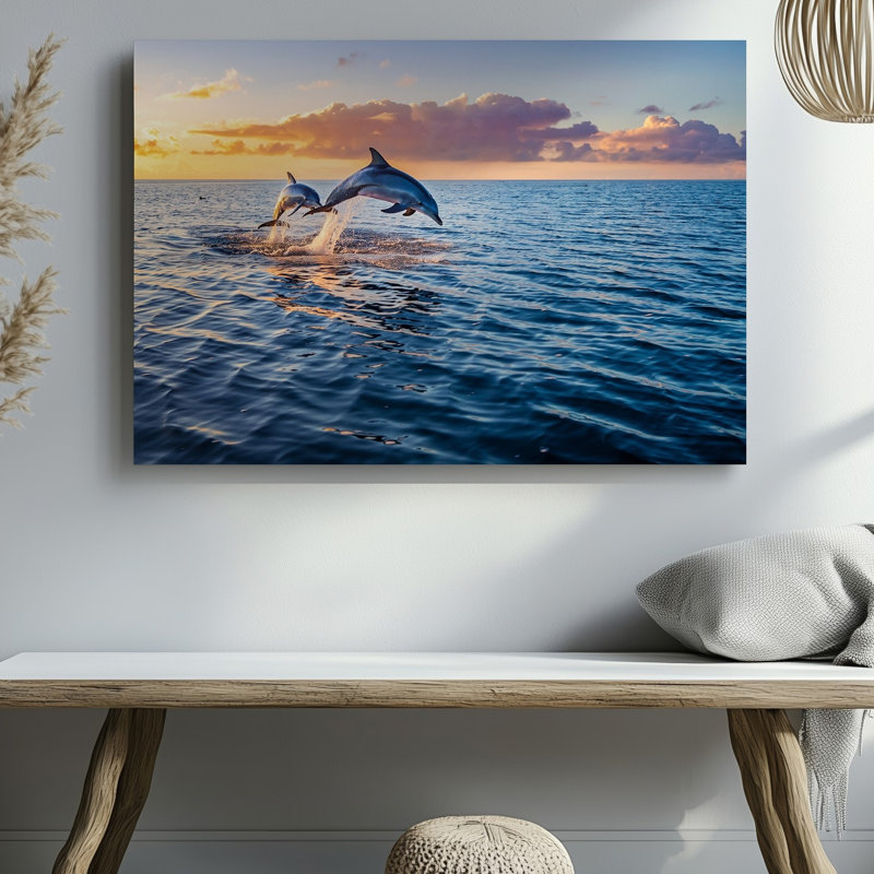Toile, "Une scène sereine de l'océan au coucher du soleil", "Deux dauphins gracieusement", art mural, H 11 po x l 14 po