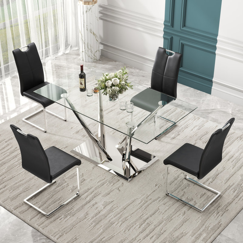Ensemble de salle à manger rectangulaire à piédestal en verre trempé, 5, Noir, Argent argent