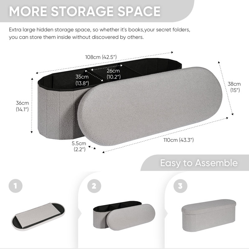 Bazine Upholstered Ottoman Bench Oval with Storage 43"x15"x15", Gray Teddy