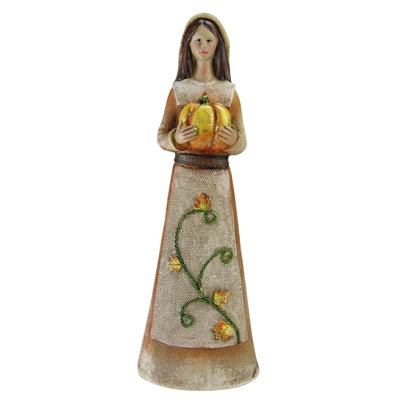 Marigold Orange Tan and Brown Decorative Girl Pilgrim Figurine 11.75"