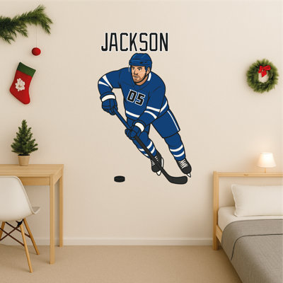Autocollants muraux de hockey personnalisés - ensemble de décalcomanies murales amovibles en vinyle, décor de hockey pour chambre de garçon et salle de jeu active - bon pour le cadeau de Noël