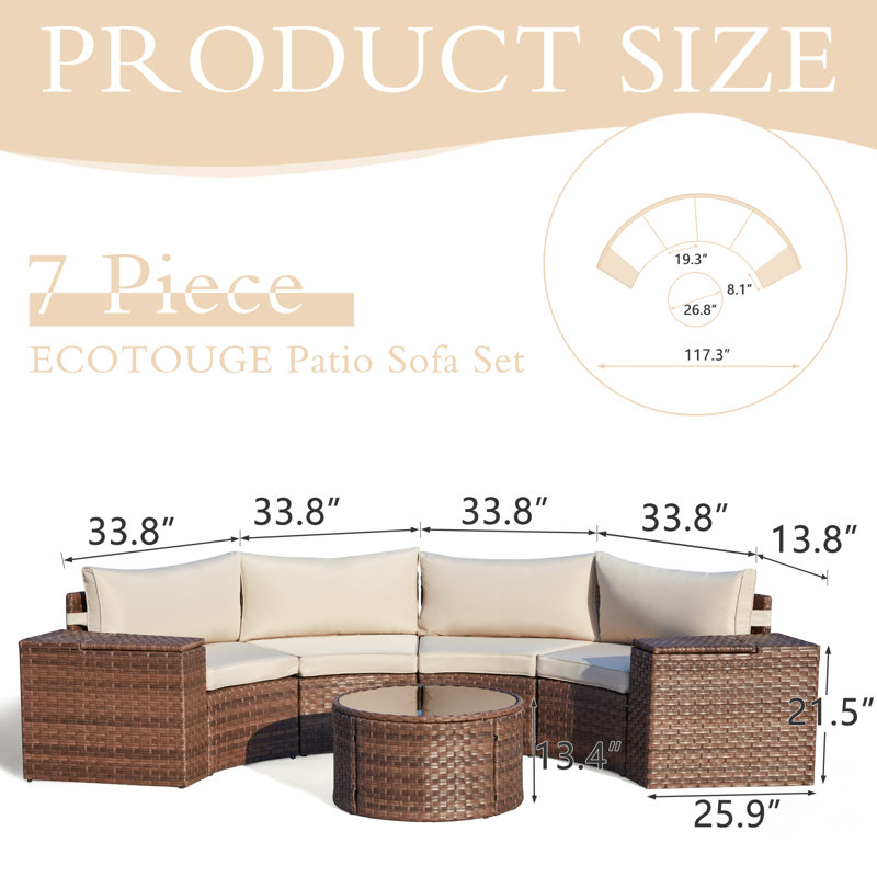 Ensemble modulaire de patio 7 pièces avec table ronde et 2 tables d'appoint, Beige