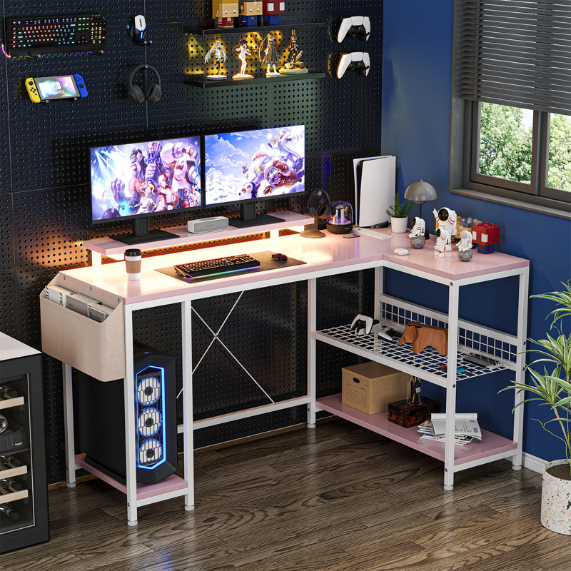 Bureau d'ordinateur en L avec rangement et prise de courant, Rose/Blanc