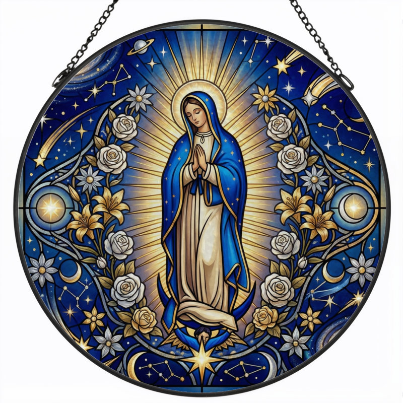 Panneau de vitrail de la Vierge Marie - 7,8H, H 7,8 po