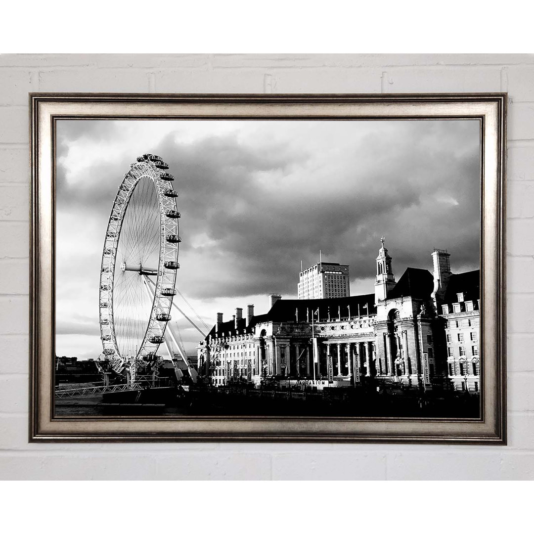 Gerahmtes Leinwandbild London Eye Clouds in Schwarz/Weiß