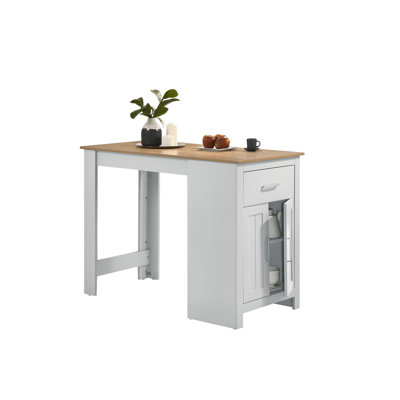 Compact 47" Dining Table, White And Oak, Drawer & Cabinet, 2 Table Counter Height Oak White, Storage Drawer, 2 Seater