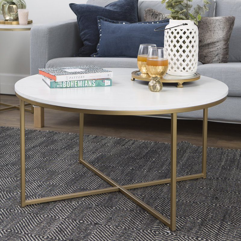 Table basse avec pieds croisés Wasser, Blanc, Doré