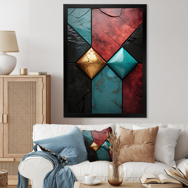 Carreaux de chevron bleu et rouge Elegance II - art mural abstrait, H 32 po x l 24 po x P 1 po, Cadre photo noir